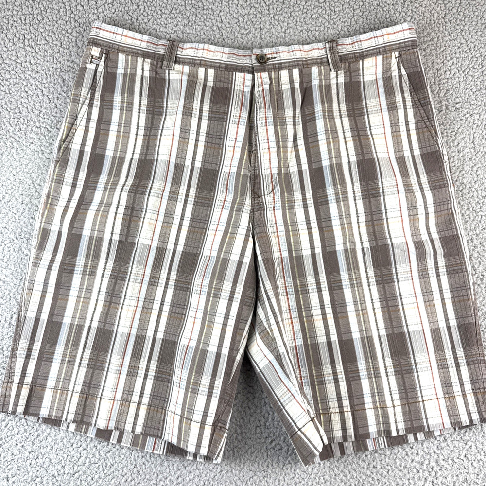 Tommy Bahama Men's Shorts 40 Brown Chino Flat Front Cotton/Silk Plaid Beach
